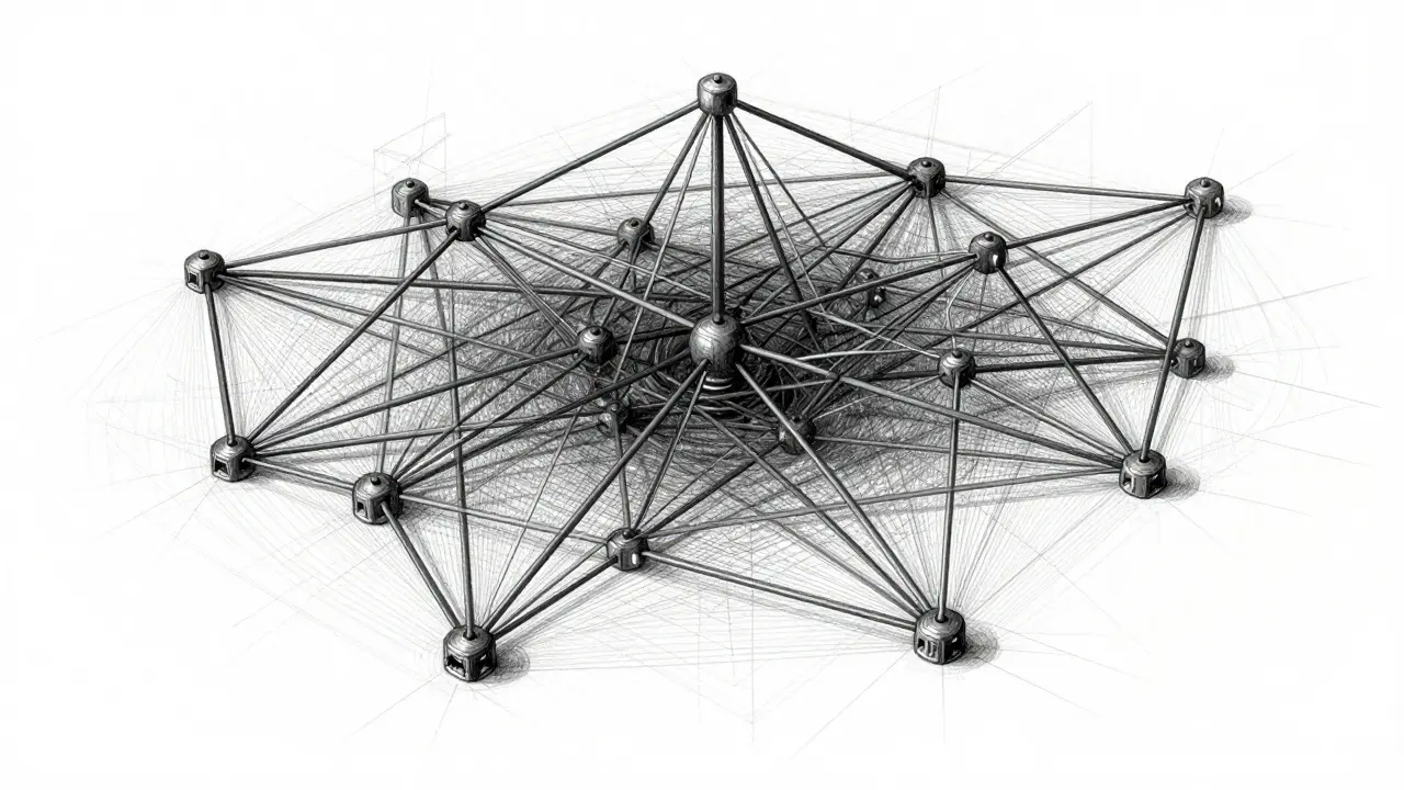 Metalpoint drawing of complex AI network topology and connections