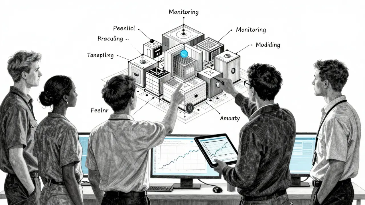 Metalpoint illustration of a security team analyzing AI system schematics.