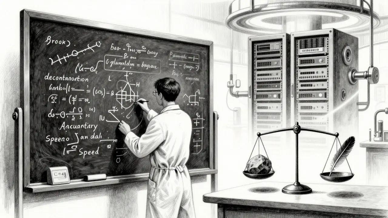 Metalpoint illustration of an AI lab balancing accuracy and computational cost