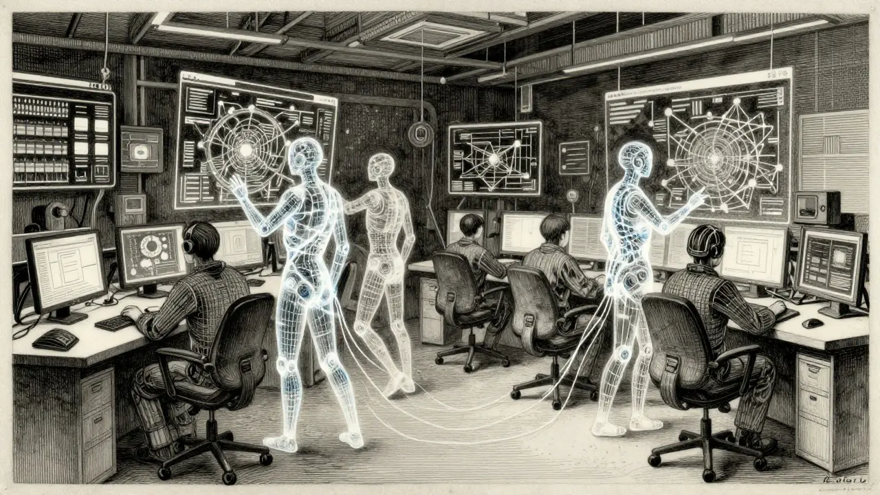 Metalpoint illustration of autonomous AI agents managing network operations