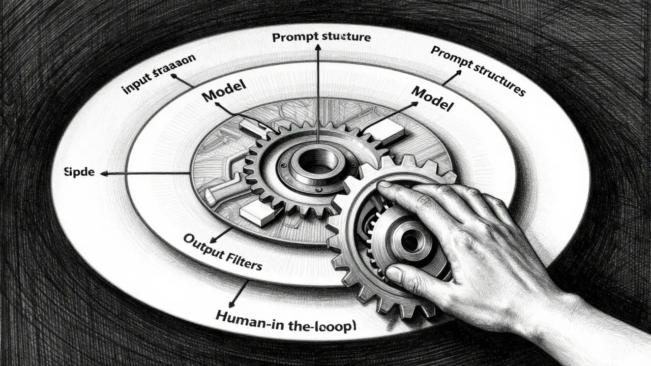 Metalpoint illustration of layered AI systems with a human hand overriding automation for safety oversight.