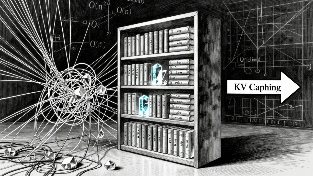 Orderly crystal library vs messy threads, illustrating KV caching efficiency and memory savings.