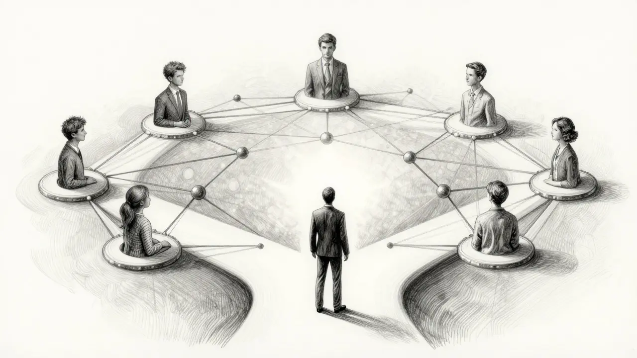 Person navigating a web of career paths and skills in metalpoint style