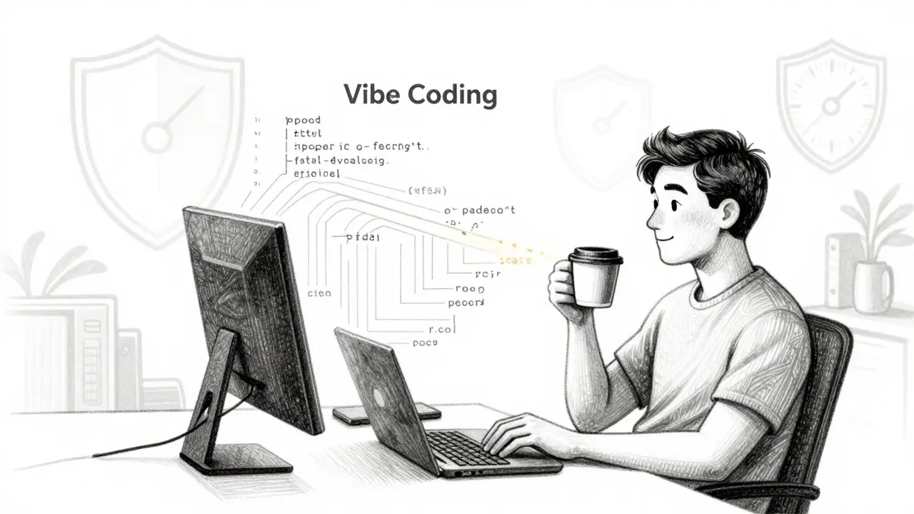 Relaxed developer with smooth code flows, representing efficient vibe coding results.