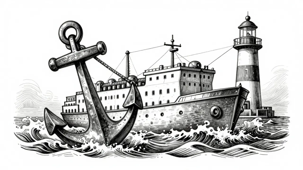 Ship anchored against waves, representing spot instance checkpointing and savings.
