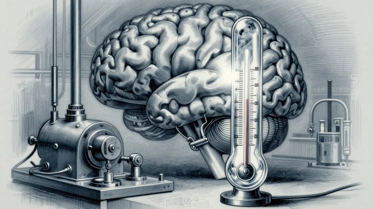 Small thermometer regulating light output from a large mechanical AI brain