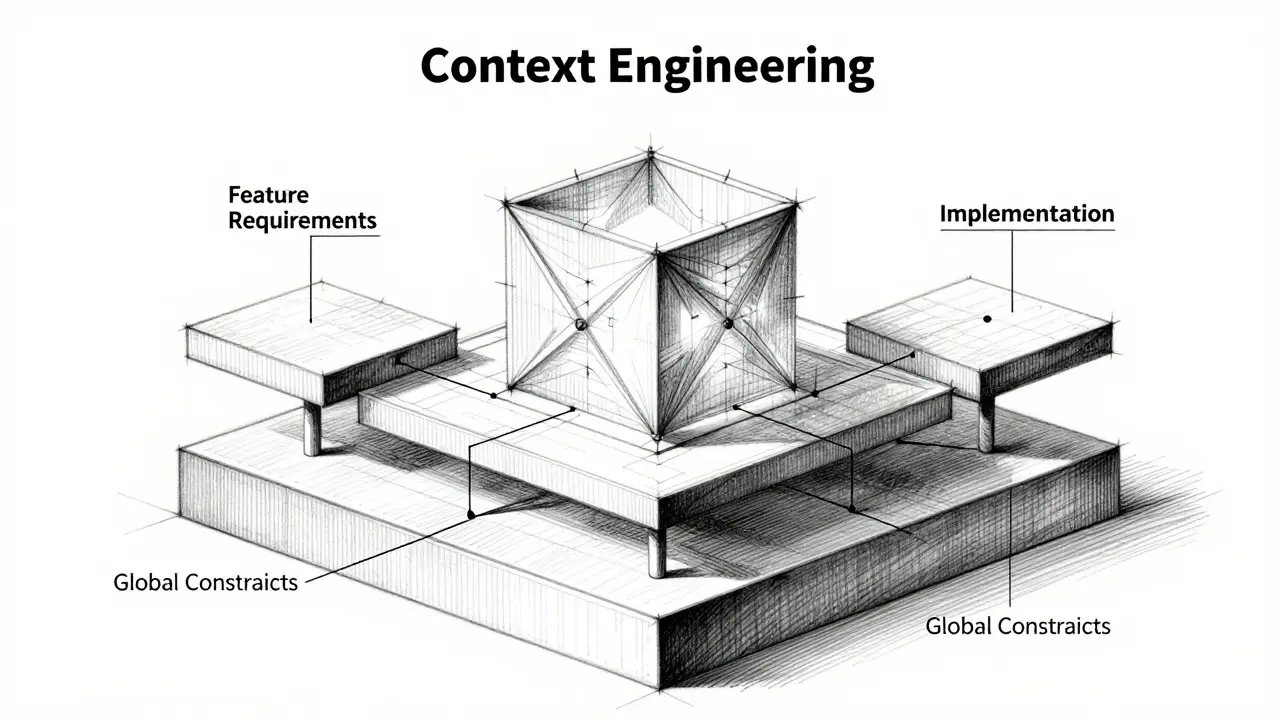 Structured blueprint of context layers supporting an AI core, symbolizing context engineering.