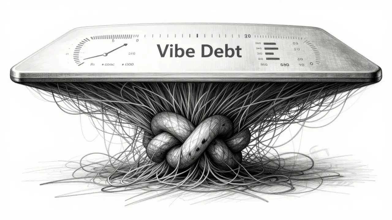 Tangled knots of lines under a clean surface symbolizing vibe debt