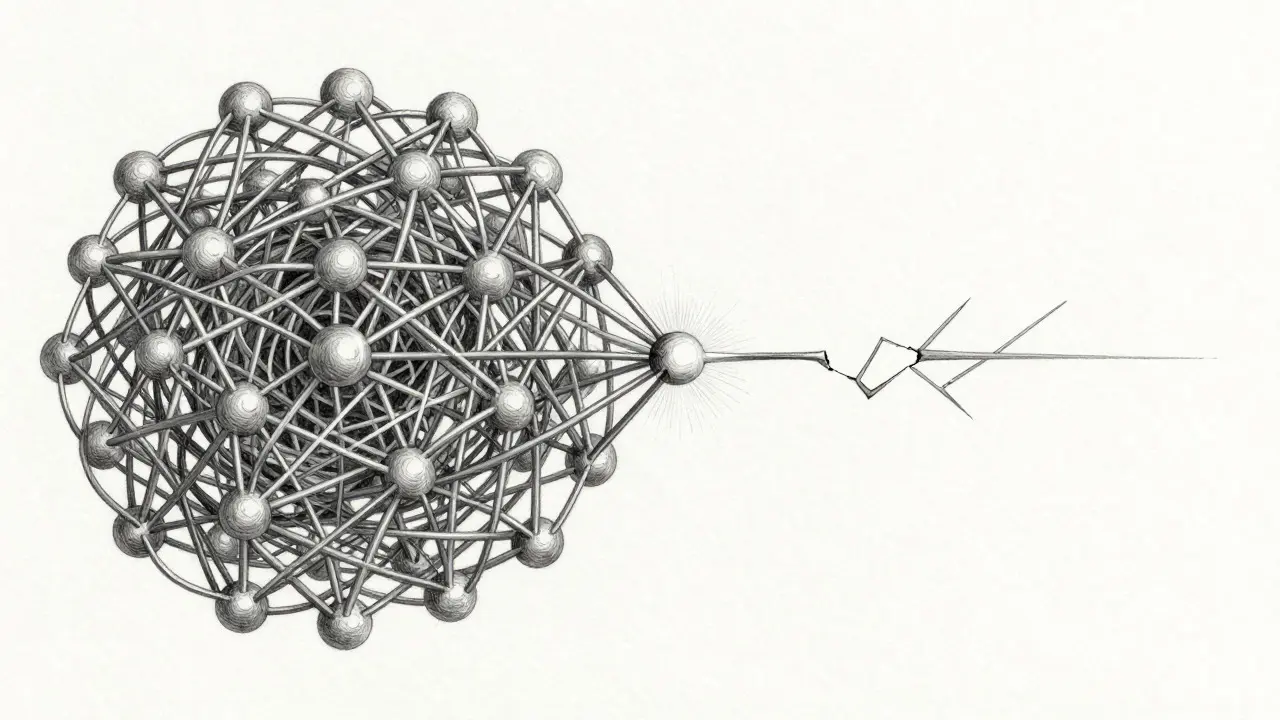 Abstract sketch of neural network losing connections during fine-tuning