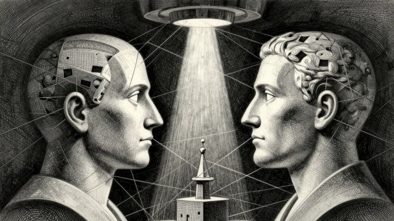 Abstract structures debating under a judging eye, drawn in metalpoint