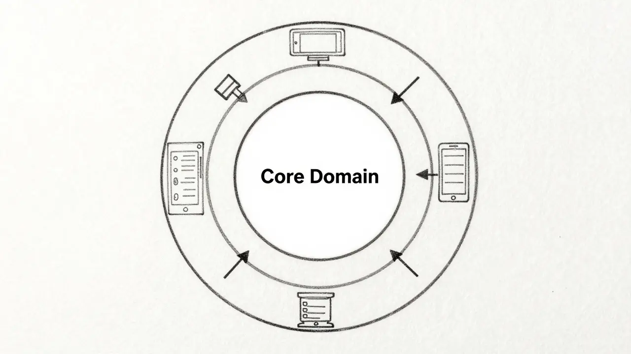 Concentric circles showing clean architecture layers and dependency flow