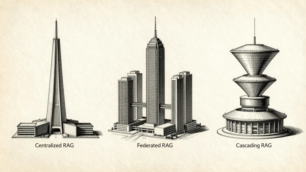 Detailed metalpoint illustration comparing centralized, federated, and cascading RAG architectures.