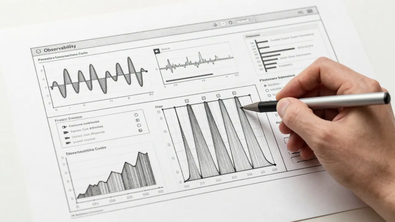 Detailed metalpoint schematic of an AI observability dashboard with metrics and alerts.