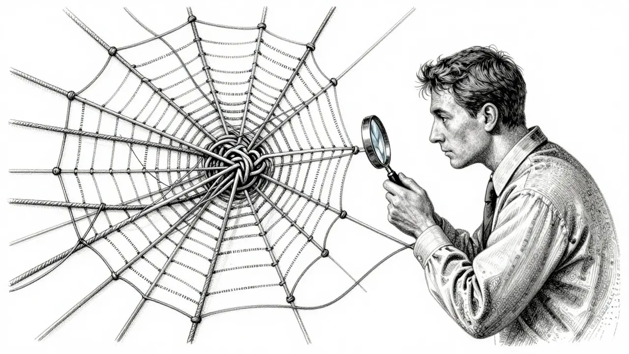 Detailed metalpoint sketch of an analyst tracing complex threads in a web representing AI audit logs.