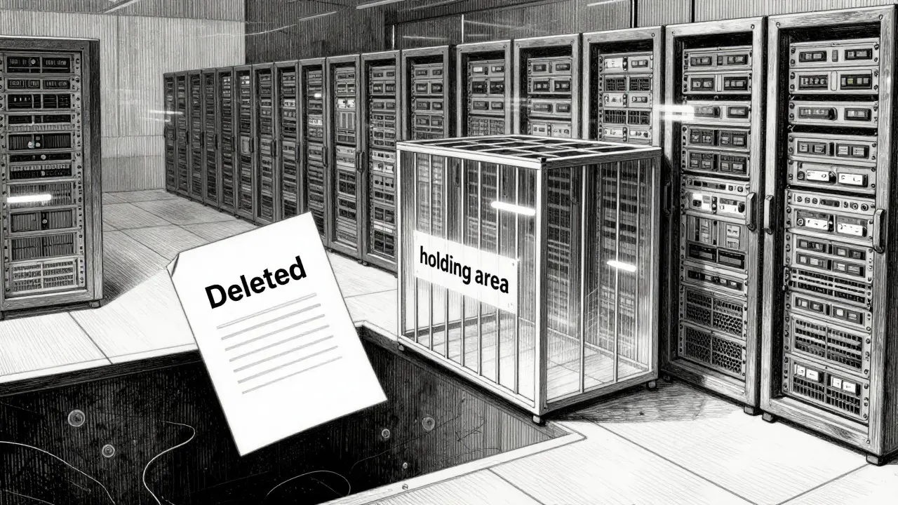 Diagram showing deleted data trapped in holding servers before erasure