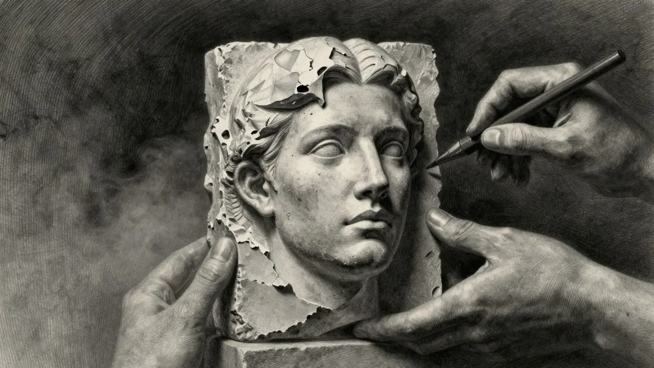 Face emerging from chaos through denoising in metalpoint art