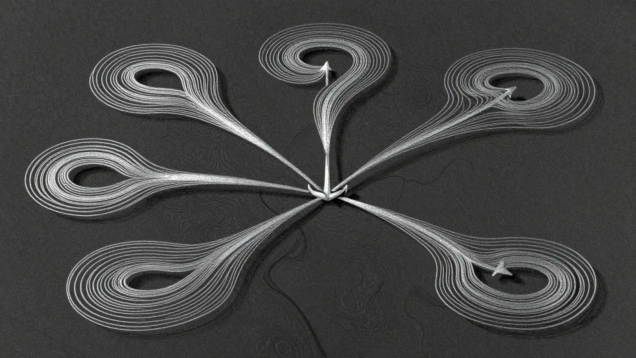 Five diverging paths merging into one point, illustrating self-consistency