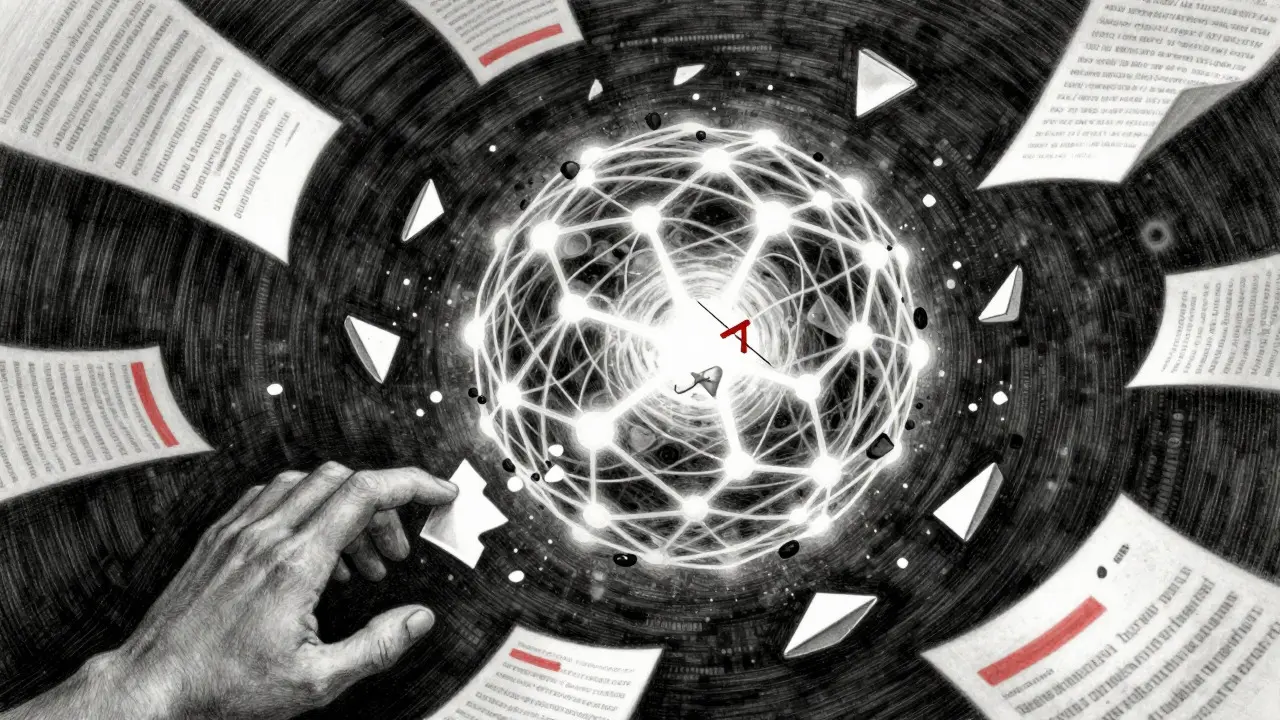 Hand trying to remove data fragment from a complex neural network
