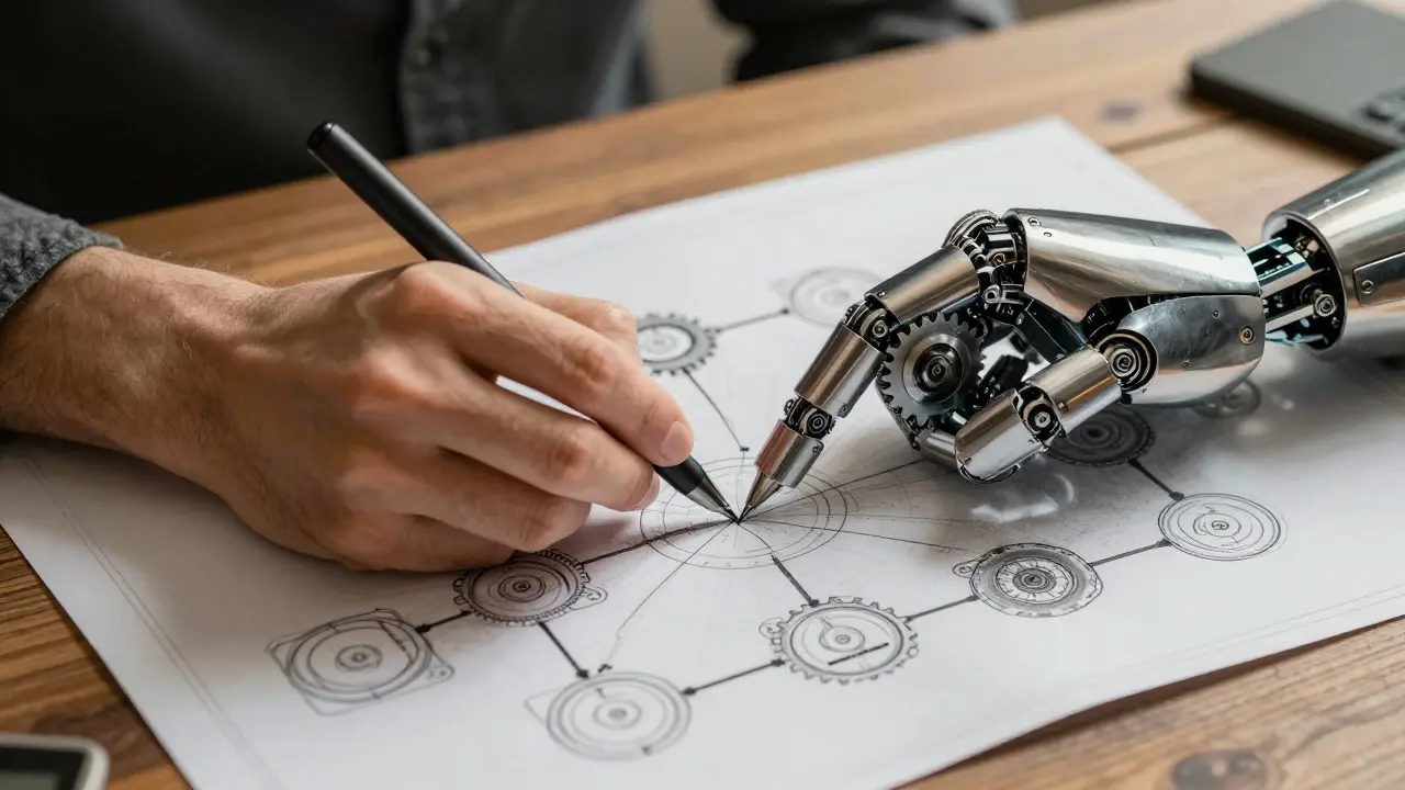 Human and robotic hands collaborating on supply chain blueprint