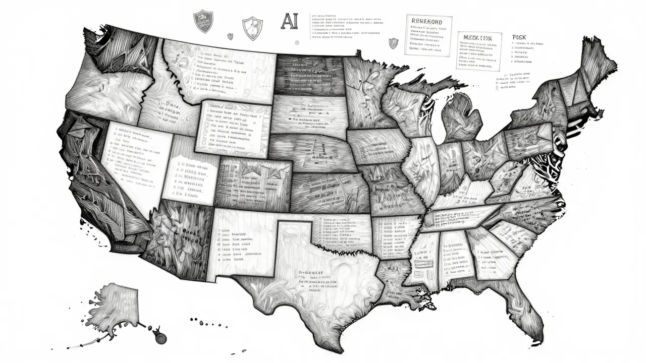 Intricate metalpoint sketch of a fragmented US map showing varied AI laws
