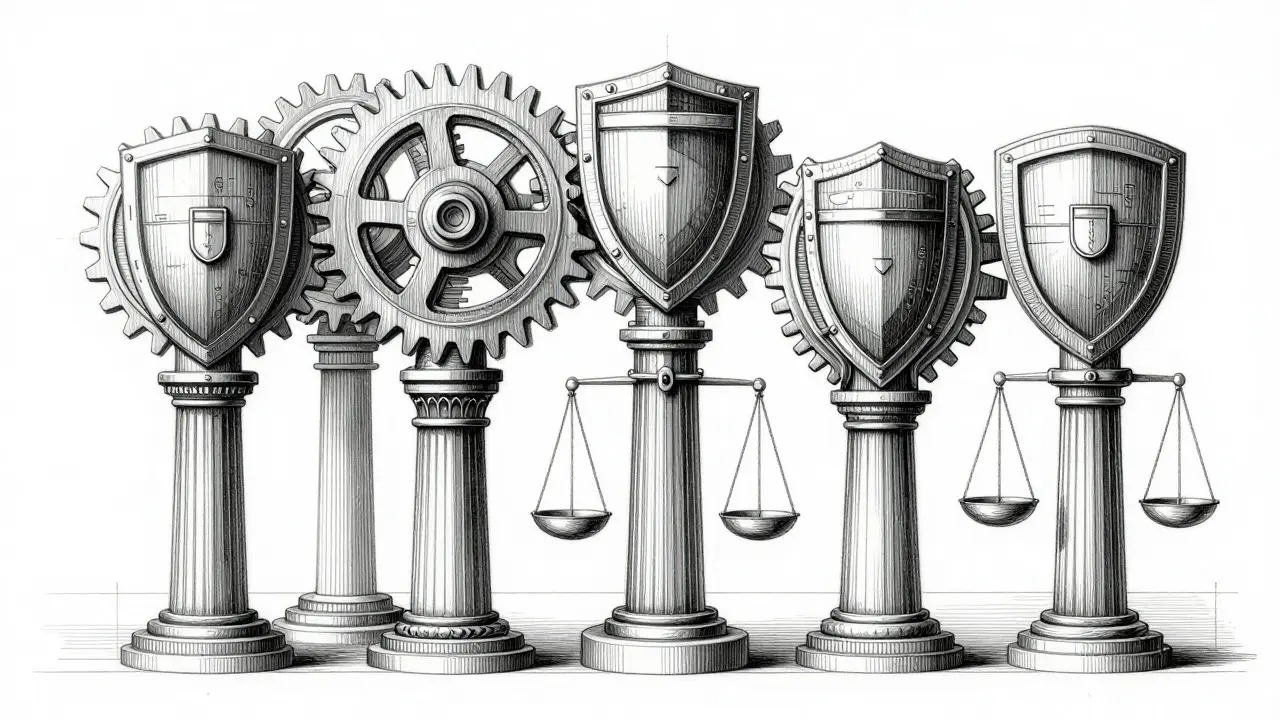 Intricate metalpoint sketch of architectural pillars symbolizing AI production strategy components.