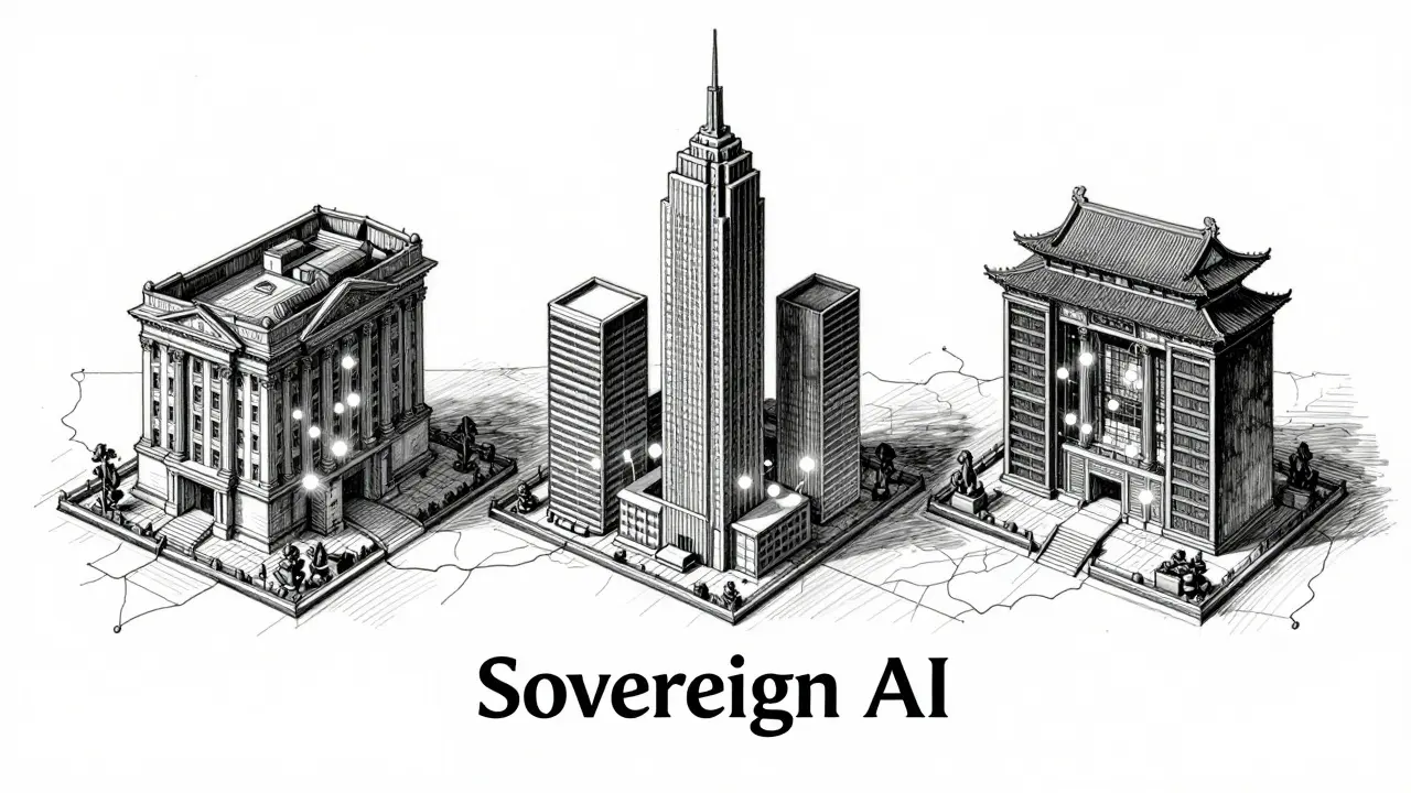 Isolated server buildings representing sovereign AI data boundaries
