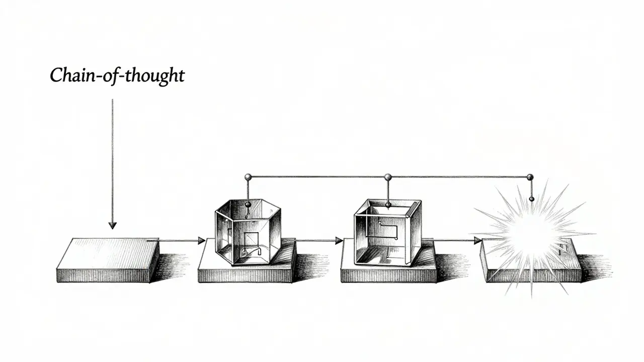 Metalpoint art depicting chain-of-thought reasoning steps in AI processing