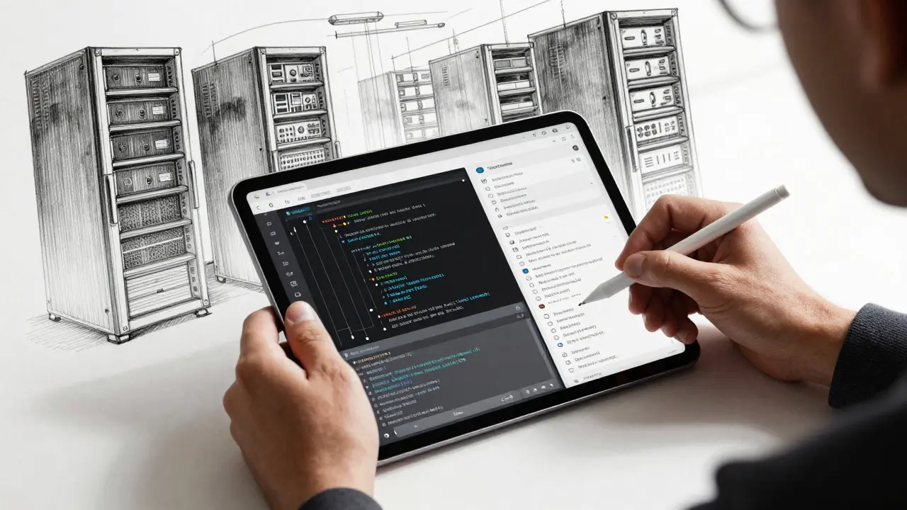Metalpoint art of developer blending backend logic and UI design on tablet