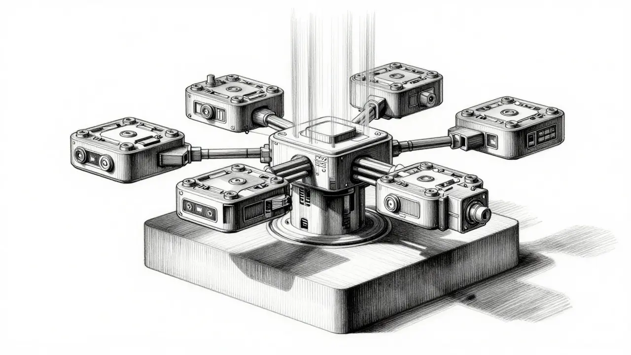 Metalpoint drawing of a modular hybrid AI structure with adaptable components.