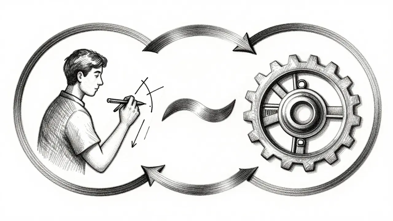 Metalpoint drawing showing a circular feedback loop between human annotators and AI gears