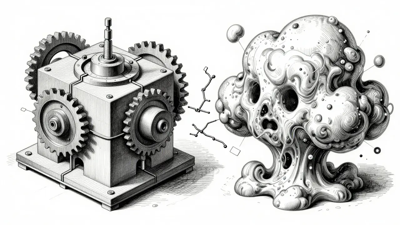 Metalpoint illustration contrasting rigid traditional ML with fluid generative AI structures.
