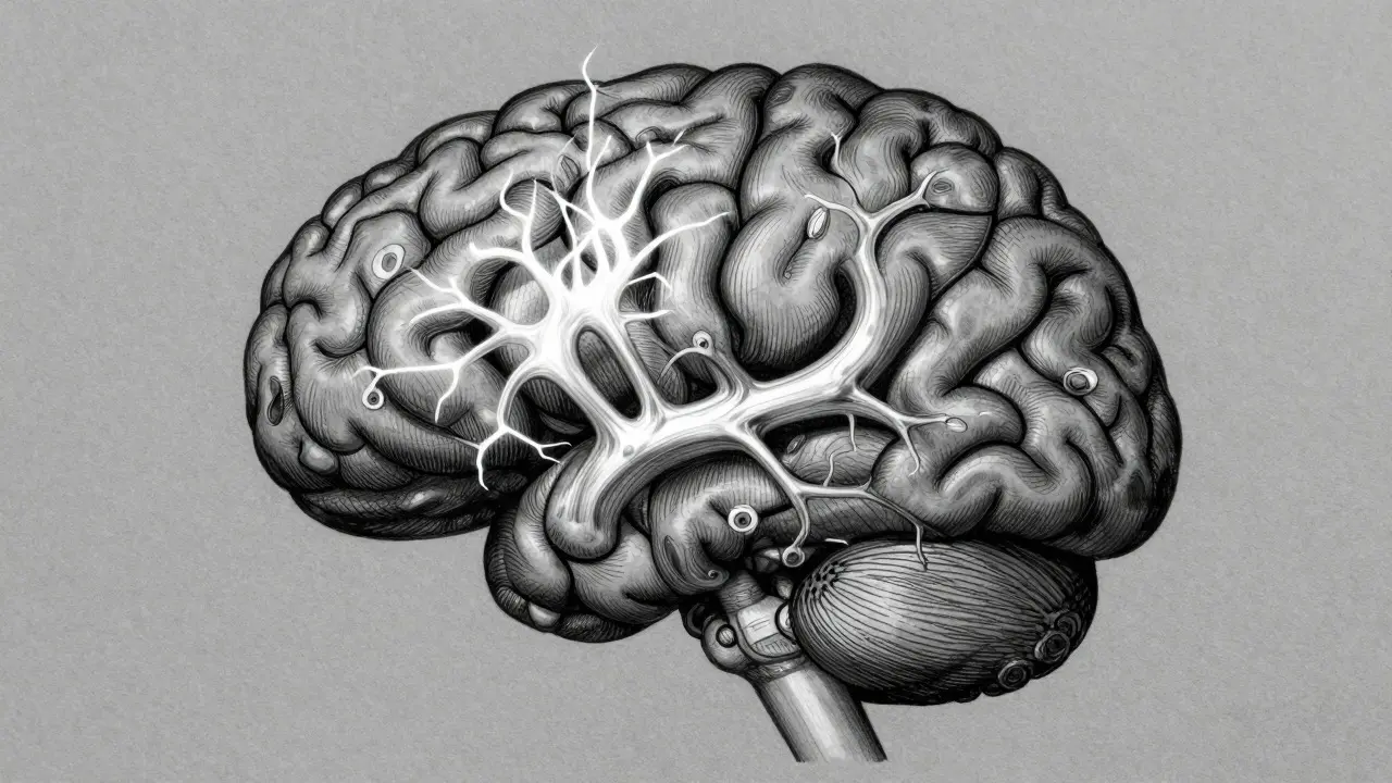 Metalpoint illustration of a brain showing specialized focus vs general degradation.