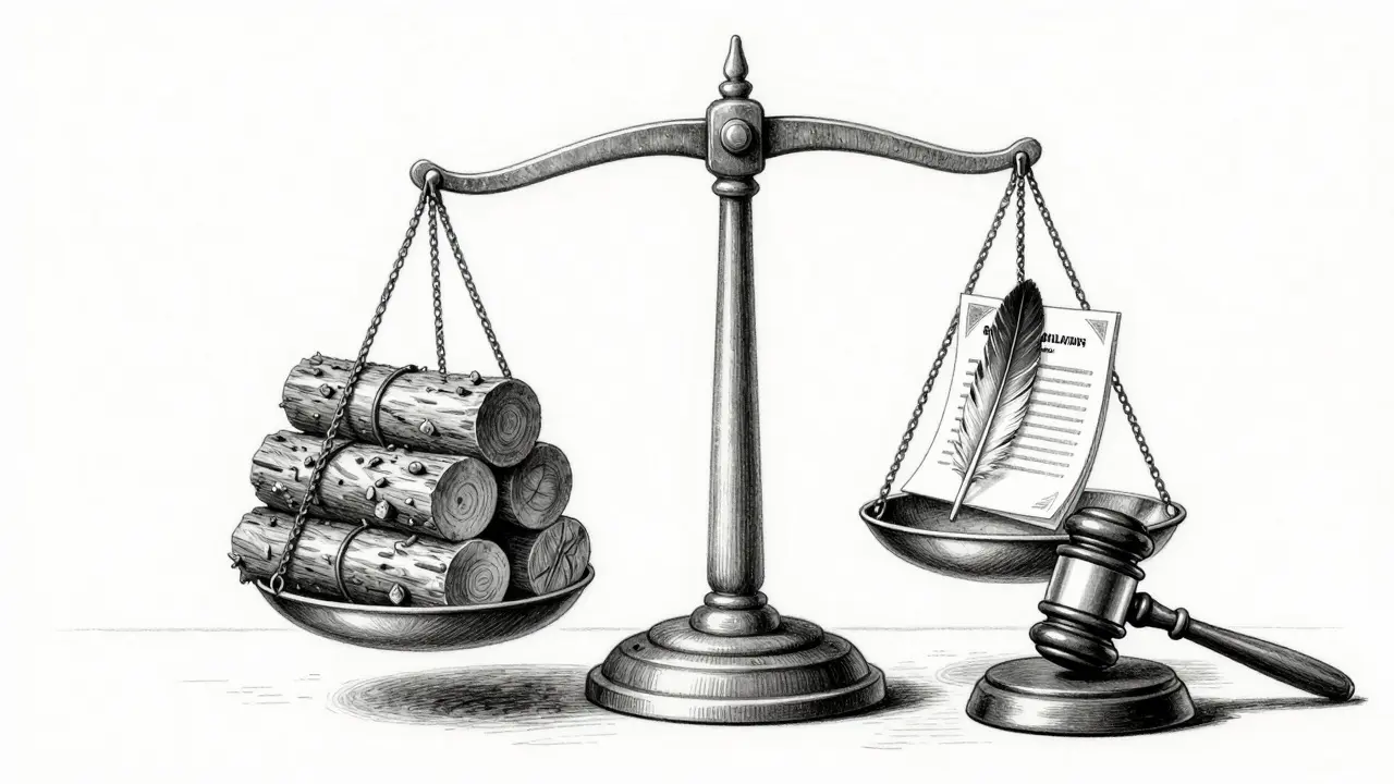 Metalpoint illustration of a justice scale balancing immutable log stones against light compliance papers.