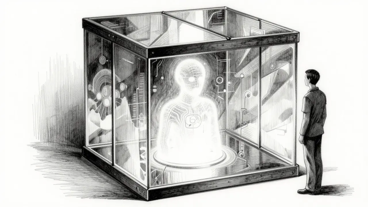 Metalpoint illustration of AI contained within a secure sandbox cage