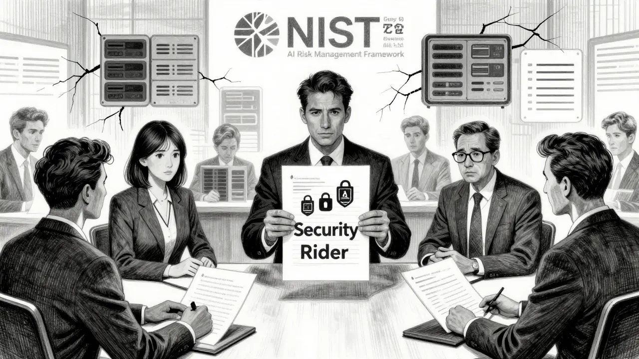 Metalpoint illustration of executives reviewing AI security insurance docs