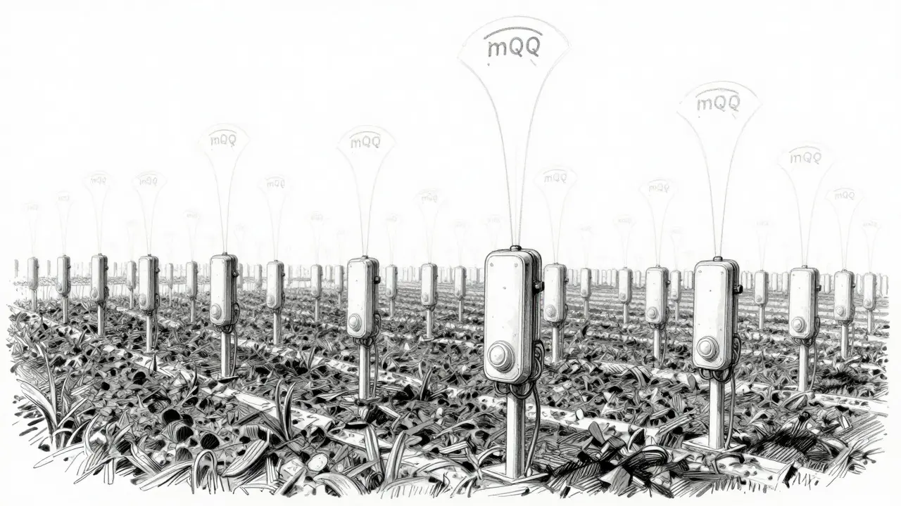 Metalpoint illustration of simulated IoT sensors sending data in a field