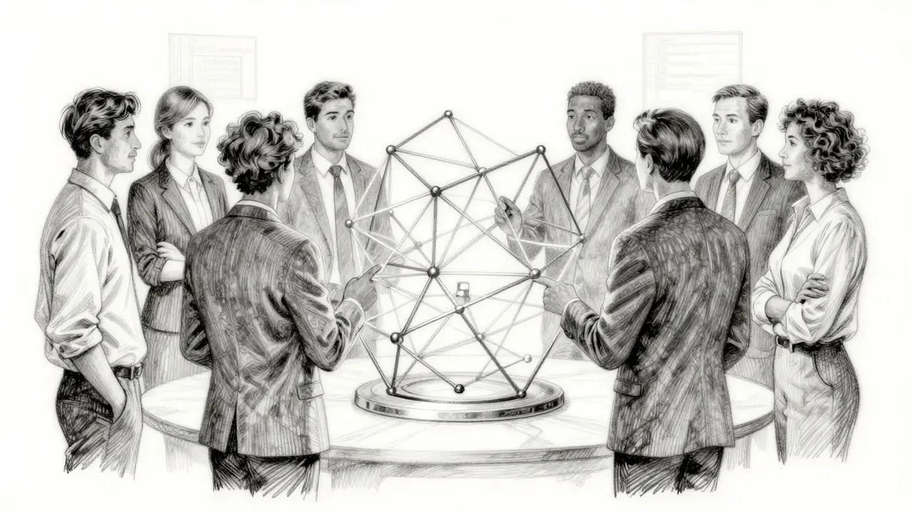 Metalpoint illustration of team members collaborating around an abstract AI structure.