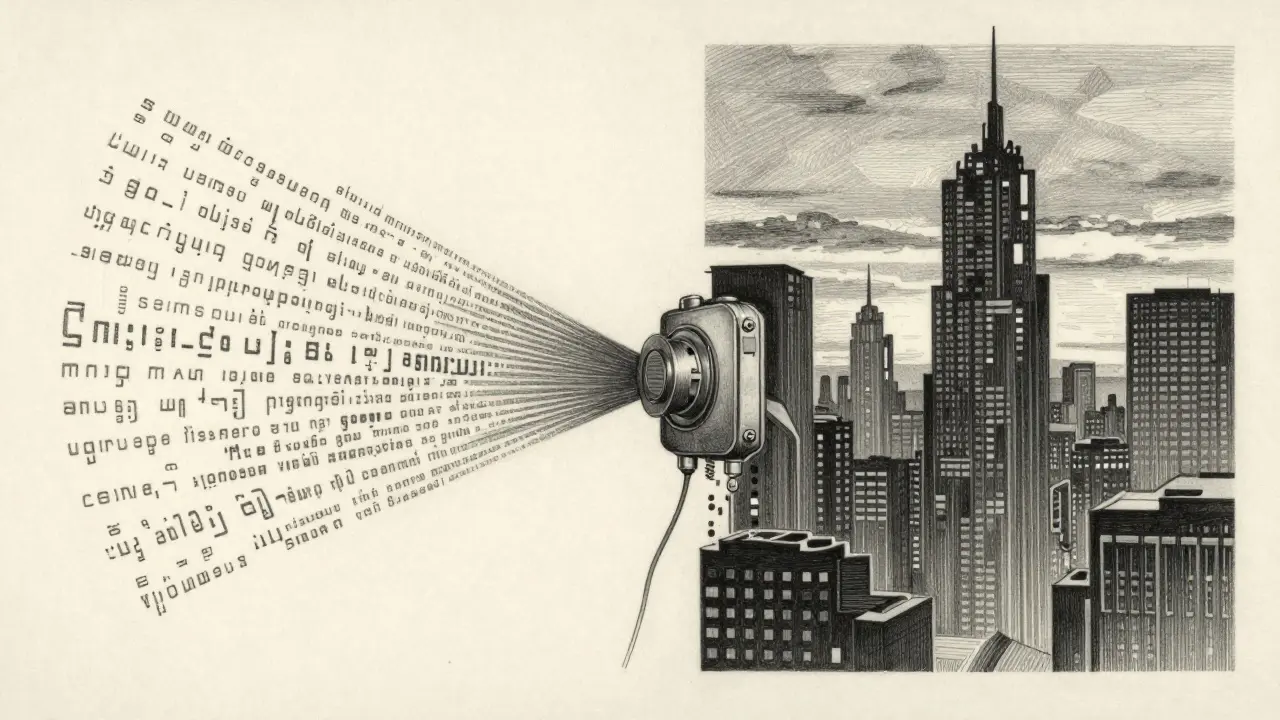 Metalpoint illustration of text transforming into a cyberpunk city image