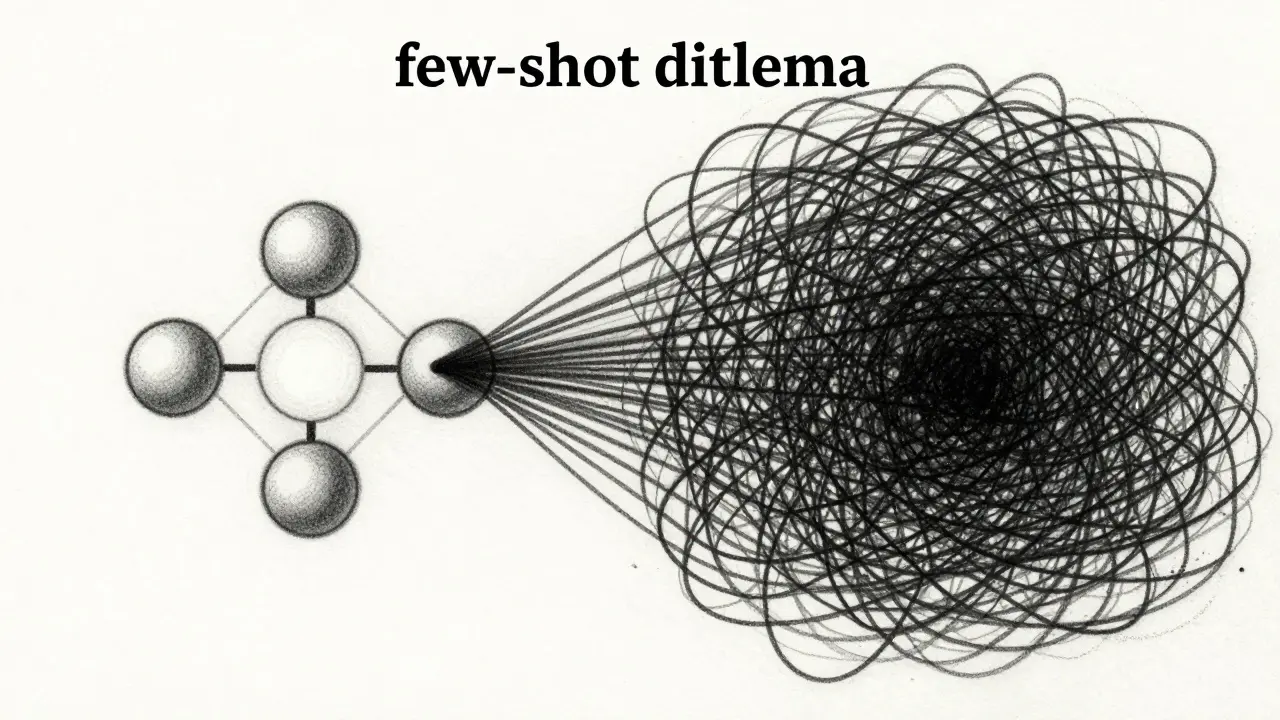 Metalpoint illustration showing optimal vs excessive examples in AI prompting