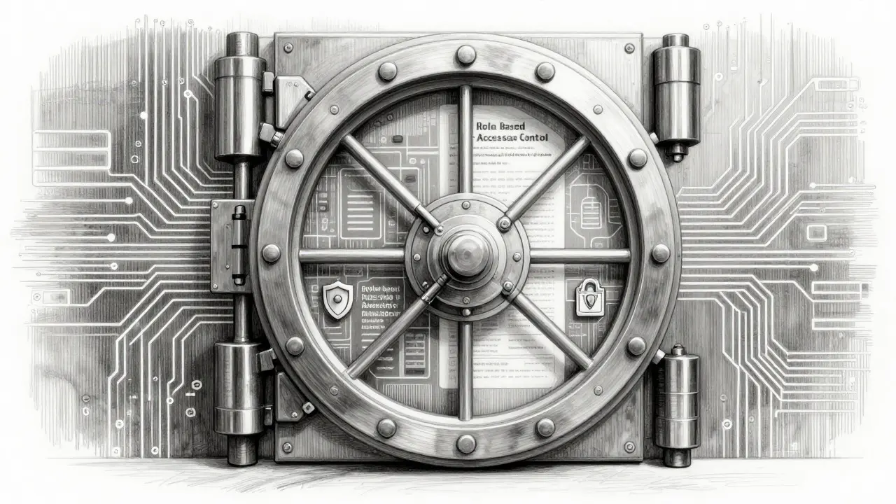 Metalpoint sketch of a secure vault protecting enterprise data within a digital circuit pattern.