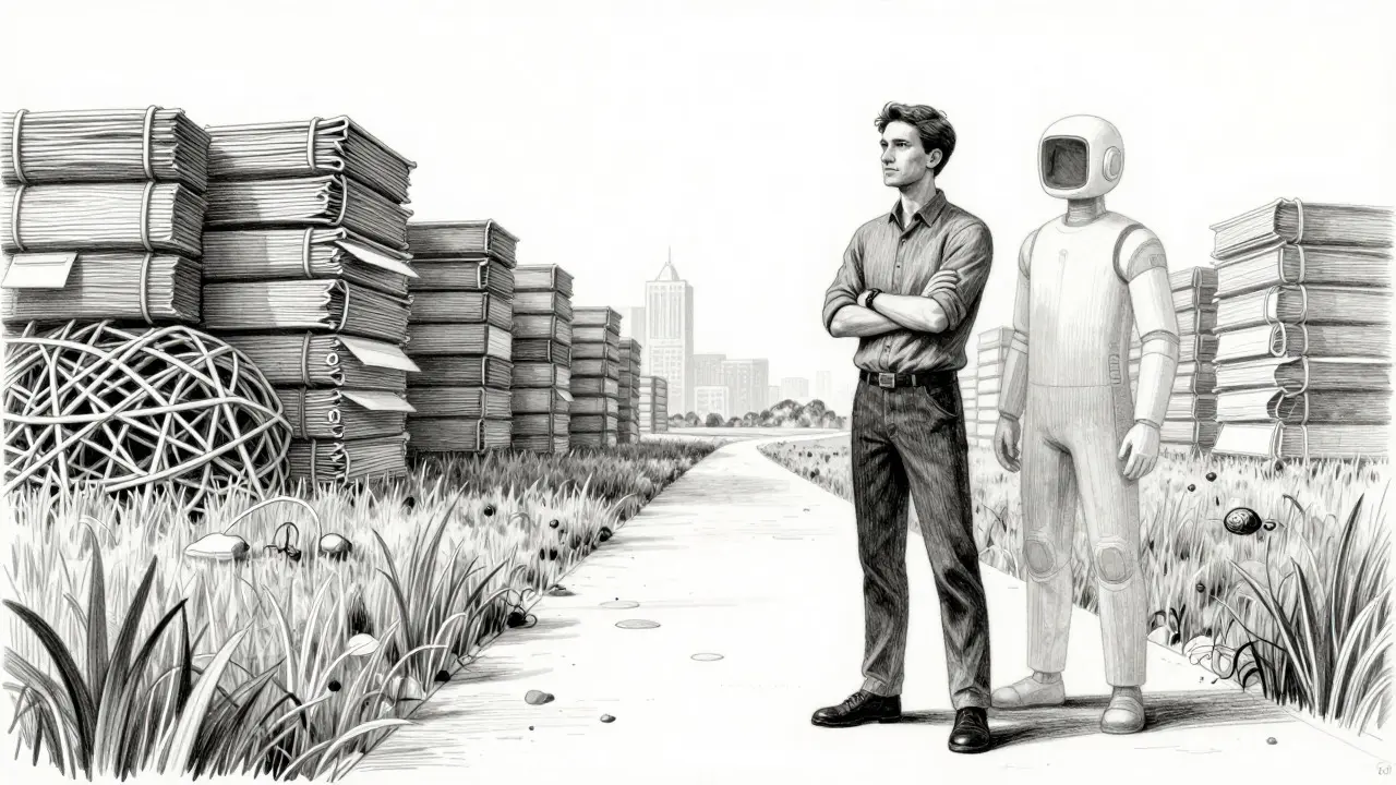 Serene metalpoint drawing of a developer with resolved code, symbolizing efficiency