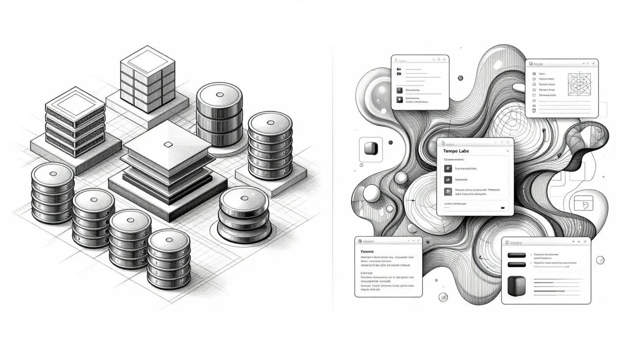 Silver-point illustration comparing structured backend vs visual frontend dev