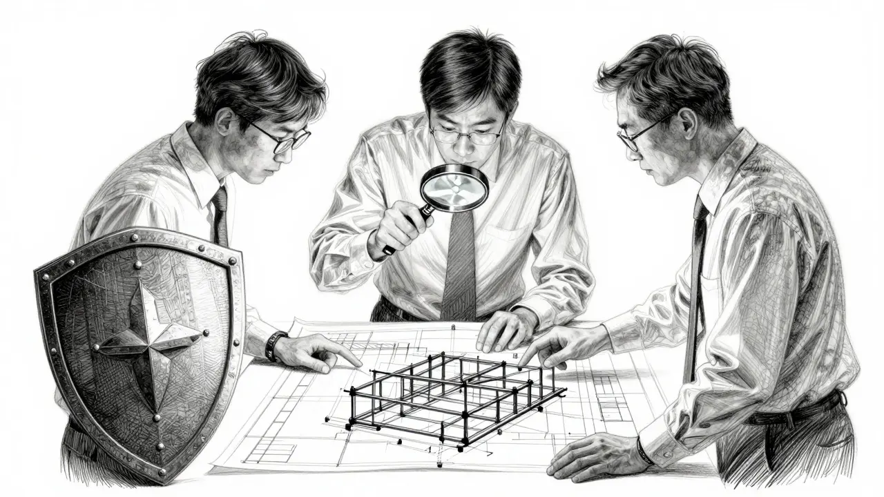 Three experts reviewing a system blueprint in detailed metalpoint sketch.