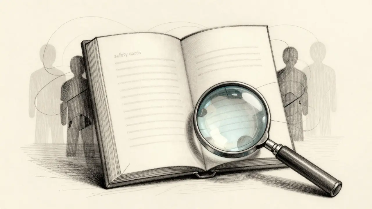Conceptual metalpoint drawing of an open document and shadowy figure symbolizing AI safety card transparency gaps