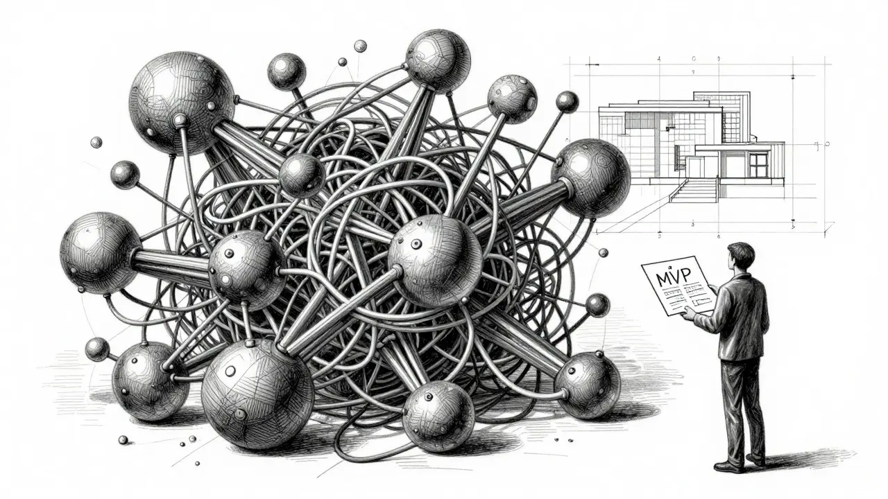 Contrast between bloated AI-generated code and clean human-designed blueprints.