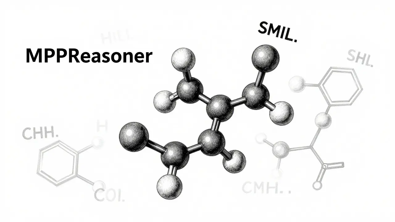 Detailed metalpoint drawing of a molecule with SMILES strings, illustrating logical chemical reasoning.