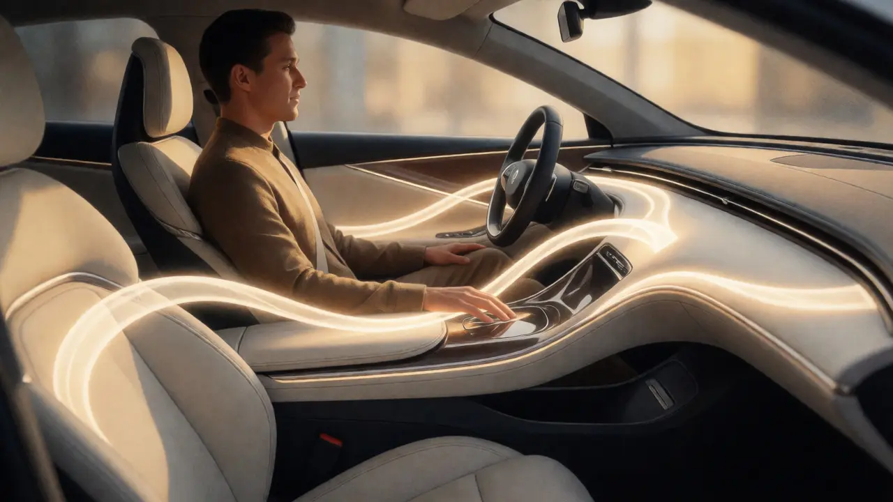 Driver enjoying connected in-car experience with AI-generated light flows