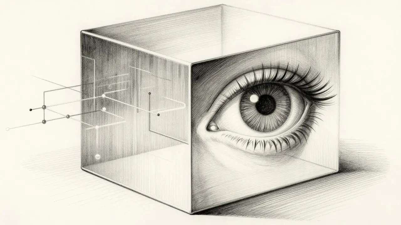Fine-line metalpoint art of an eye examining a geometric box to symbolize AI transparency