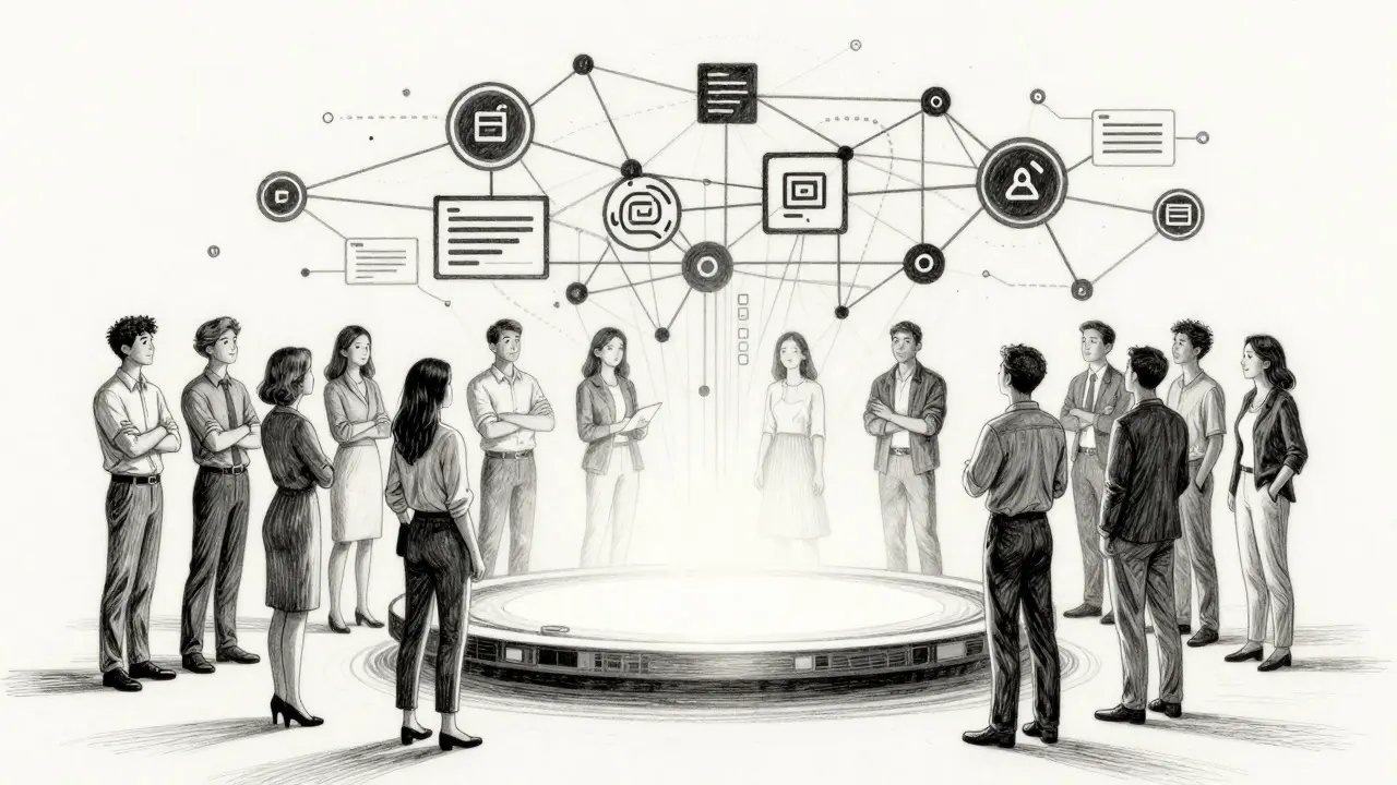 Group of people interacting with a floating digital platform surrounded by code networks