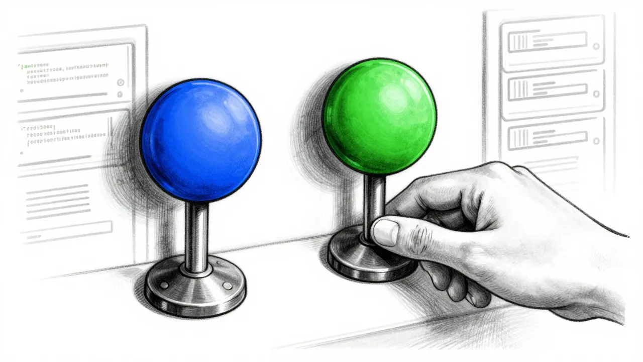 Hand flipping a lever on a control panel symbolizing blue-green deployment